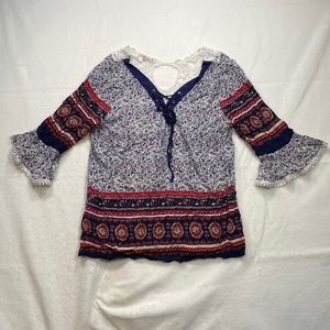 Daniel 3/4 Sleeve Blouse Cotton Blue White Red Floral Womens Size L